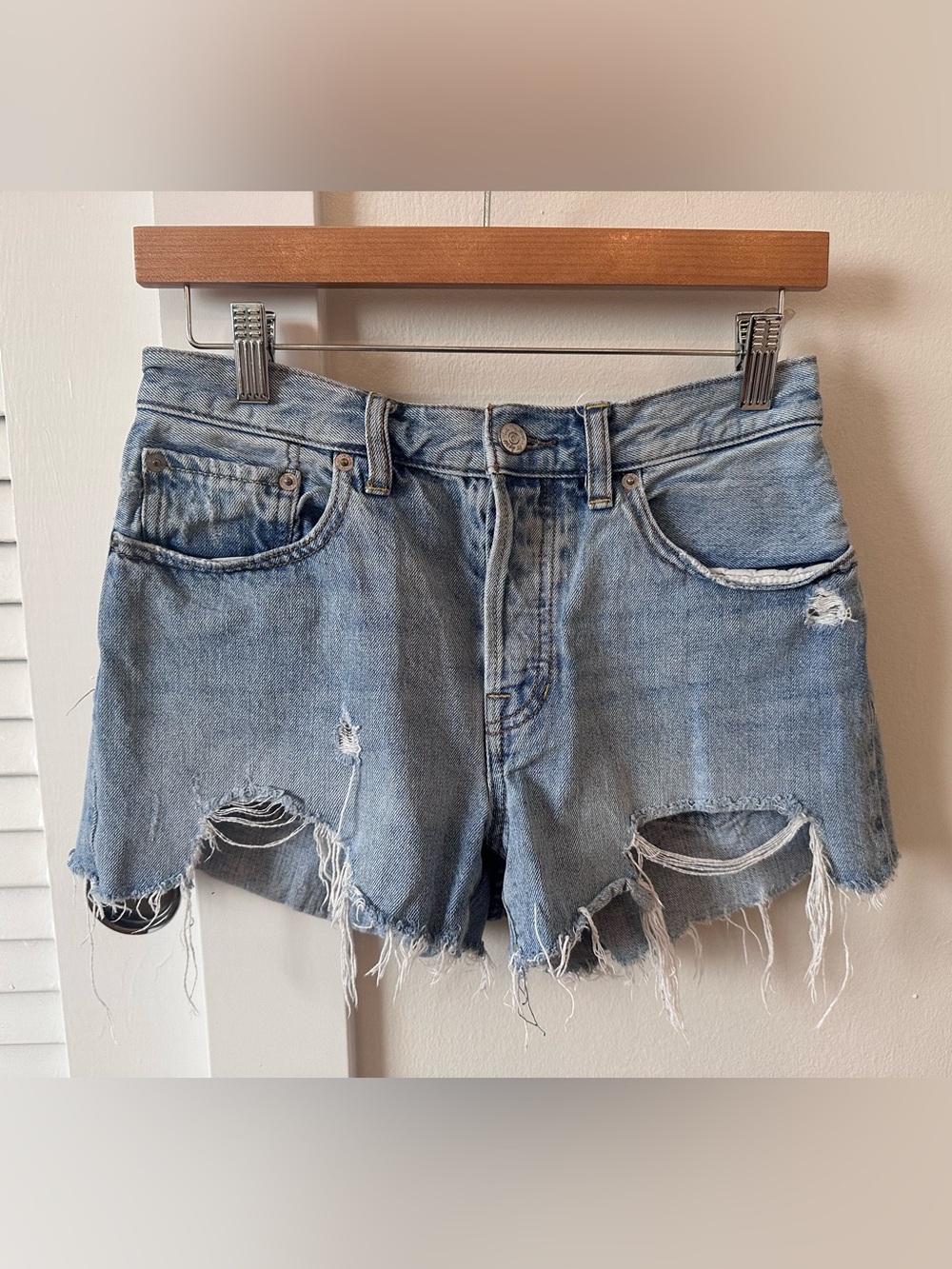 Free People Light Blue Distressed Denim Cutoff Shorts